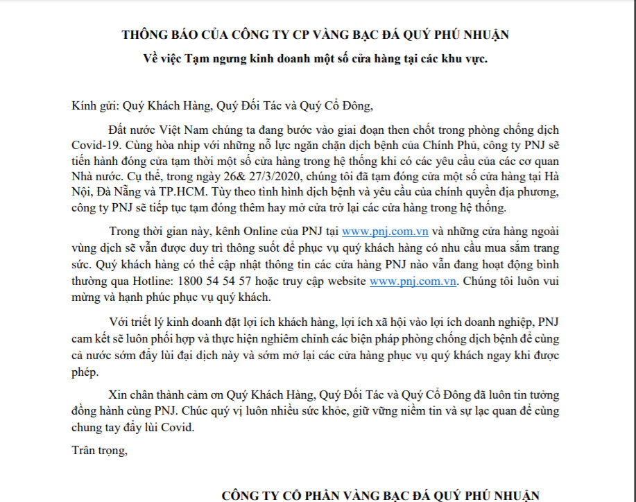 PNJ暫時關閉新冠肺炎疫區的一些門市