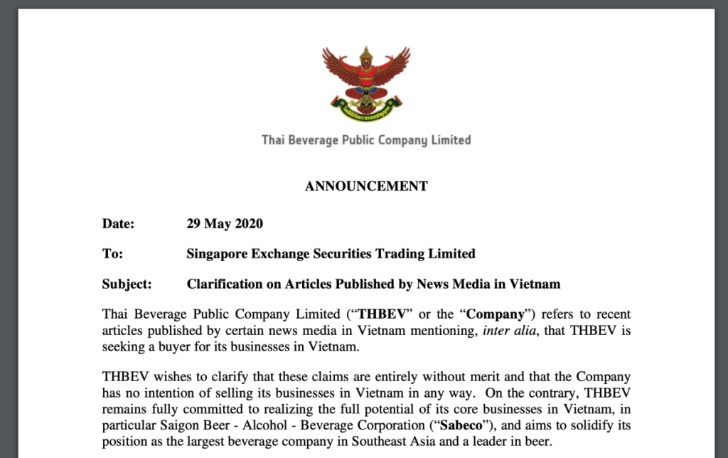 ThaiBev否認出售越南啤酒生產公司Sabeco