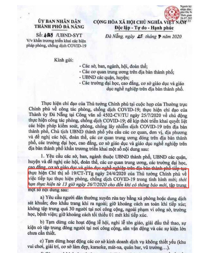 峴港市今天下午13點起再次實施社交距離