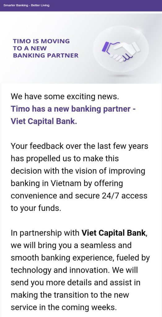 Timo數位銀行終止與VPBank的合作!