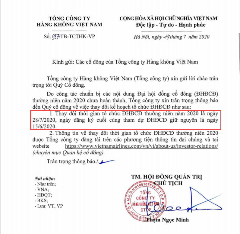 越南航空再次延期召開2020年股東常會