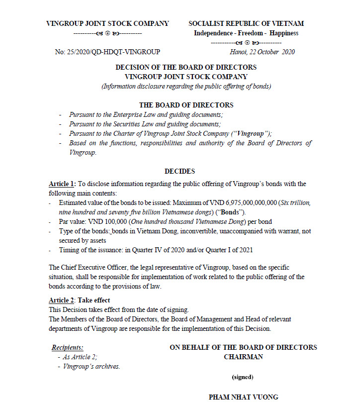 Vingroup即將發行近7萬億越盾公司債券集資