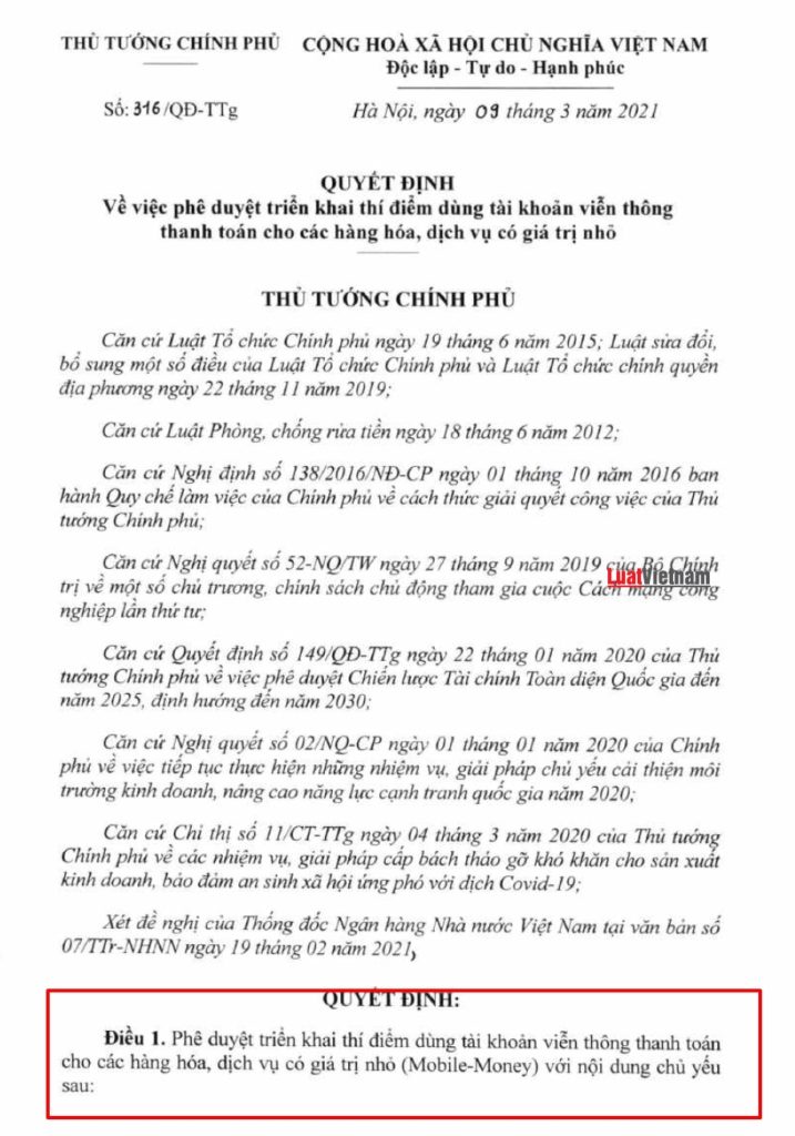 總理同意試辦2年Mobile Money服務 越南財經 越南新聞