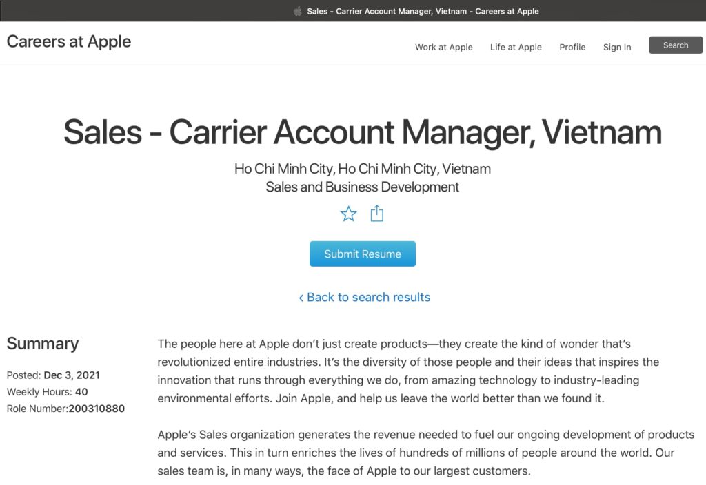 蘋果公司在越南尋找高階人才 越南蘋果工廠 越南財經 越南新聞 蘋果在越南徵才