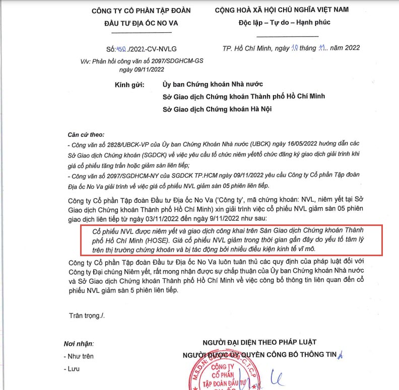Novaland向HoSE說明公司股價連5天跌停原因 越南財經 越南新聞 越南不動產市場 越南股票市場